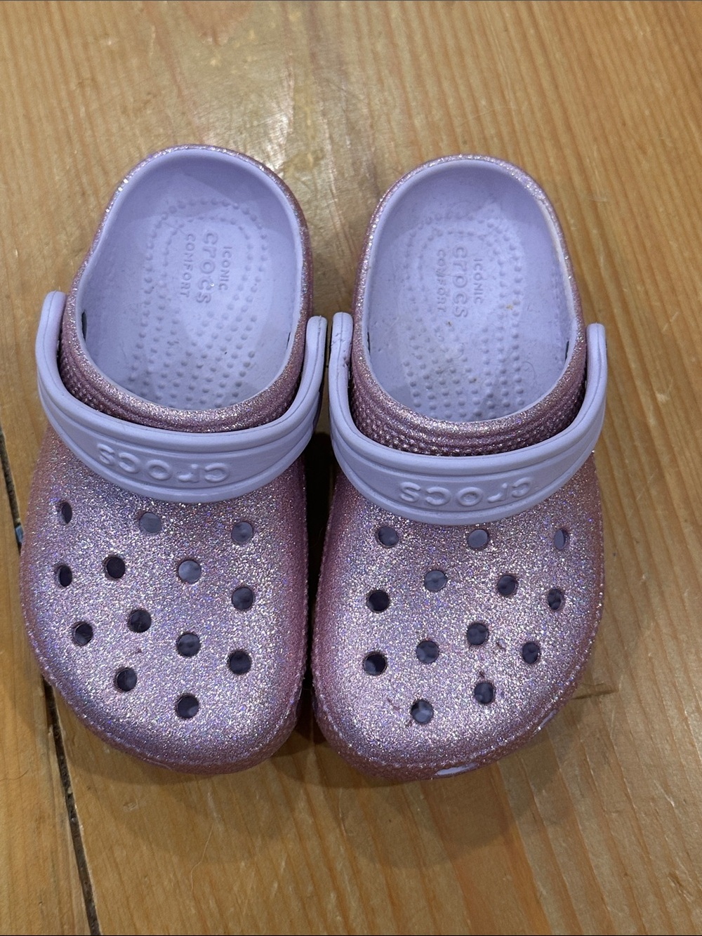 CROCS Kids' Glitter Clog in Sparkling Light Pink with White Strap